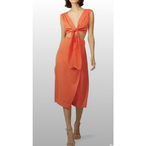 Revolve NICHOLAS Cut Out Tie-Front Orange Sleeveless V neck fitted Midi Dress 2 - Picture 1 of 7